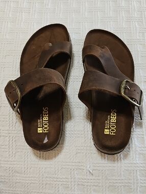 White Mountain Brown Leather Double-Band Buckle Slide Sandals